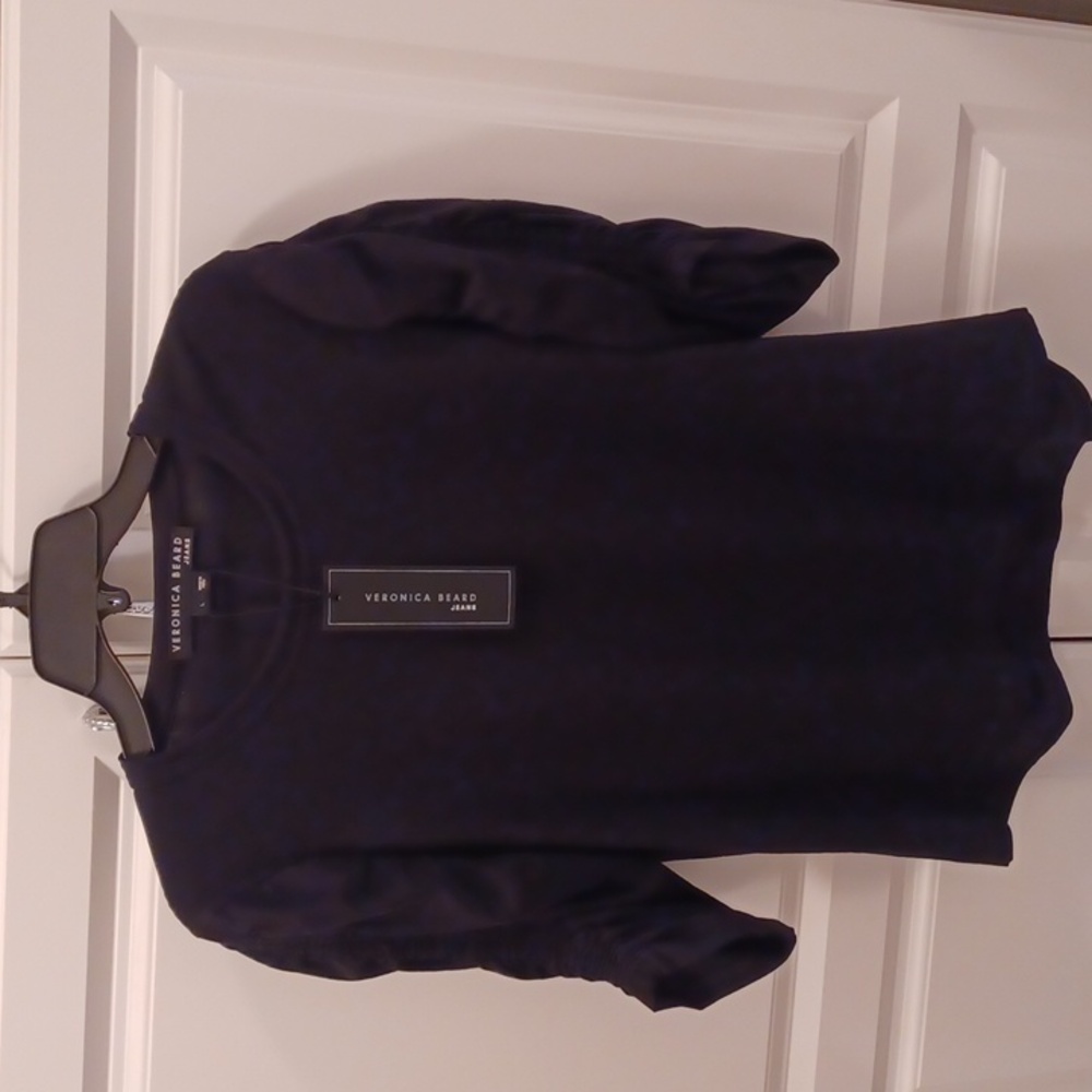 NWT Veronica Beard Black Waldorf Pima Cotton Ruched Sleeve Tee LG